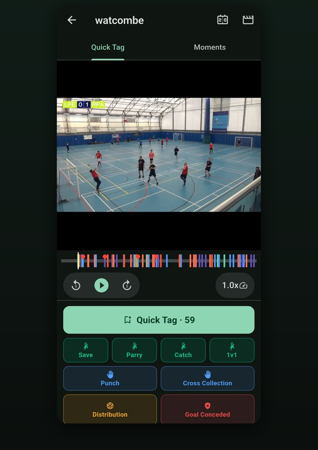 The Quick Tag screen: one-tap buttons for Save, Parry, Catch, 1v1, Punch, Cross Collection, Distribution and Goal Conceded, over match footage with a colour-coded timeline.