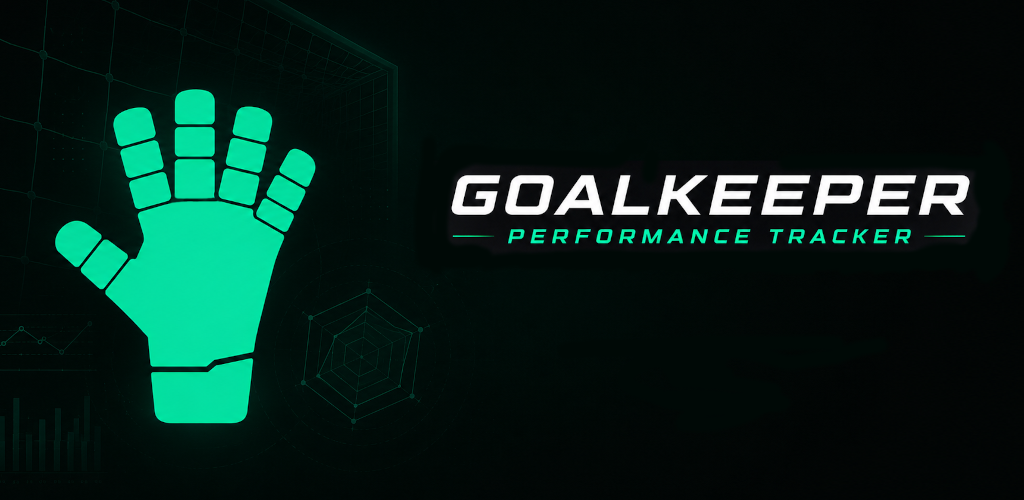 Goalkeeper Performance Tracker &mdash; a goalkeeper glove mark beside the app name, over a stats and pitch backdrop.