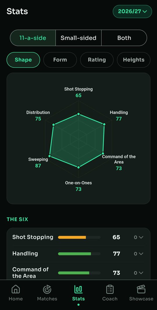 The Stats screen: a six point radar of shot stopping, handling, command of the area, one on ones, sweeping and distribution, with bars for each attribute underneath.