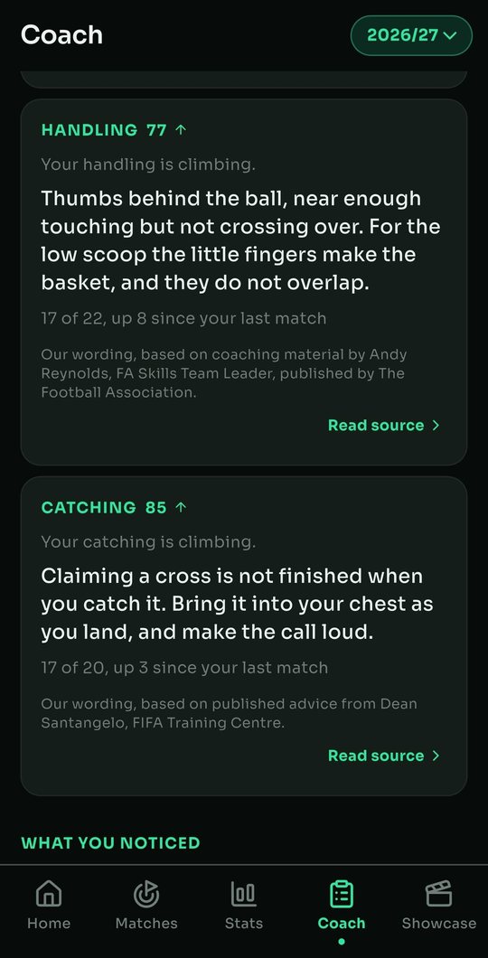 The Coach tab: two coaching cards, one on handling and one on catching, each naming the coach and organisation its wording is based on with a link to read the source.