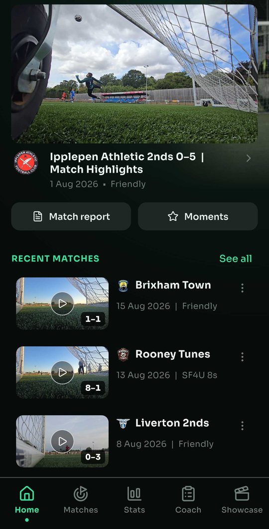 The Home screen: a match highlights reel ready to play, with Match report and Moments buttons and a list of recent matches with their scores.