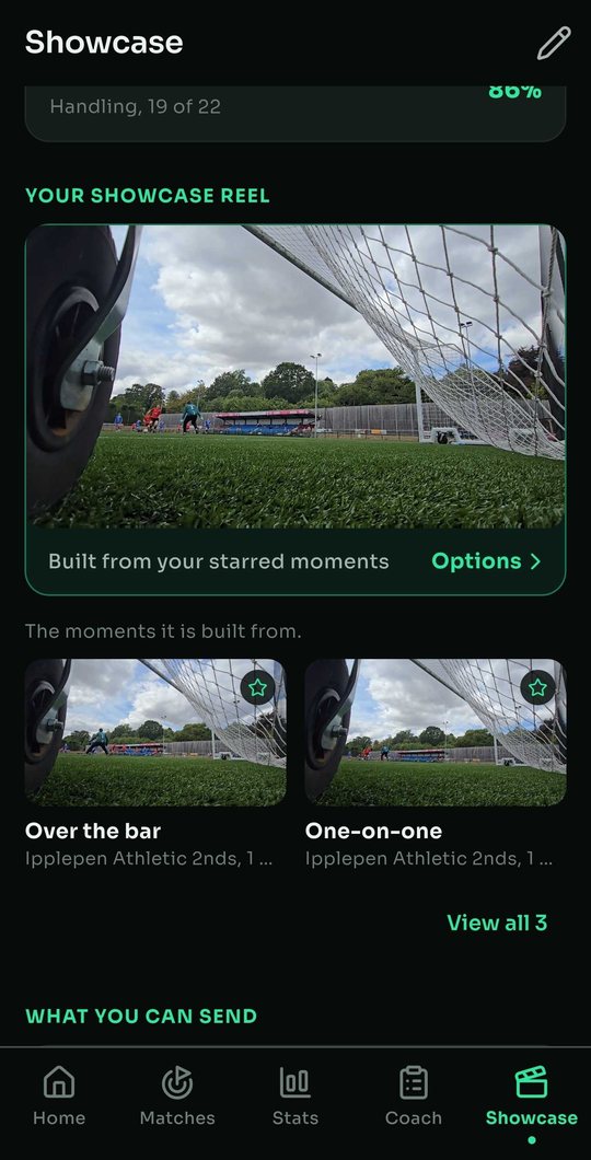 The Showcase screen: a career reel built from starred moments, with thumbnails for an over the bar save and a one on one, and a section for what you can send.