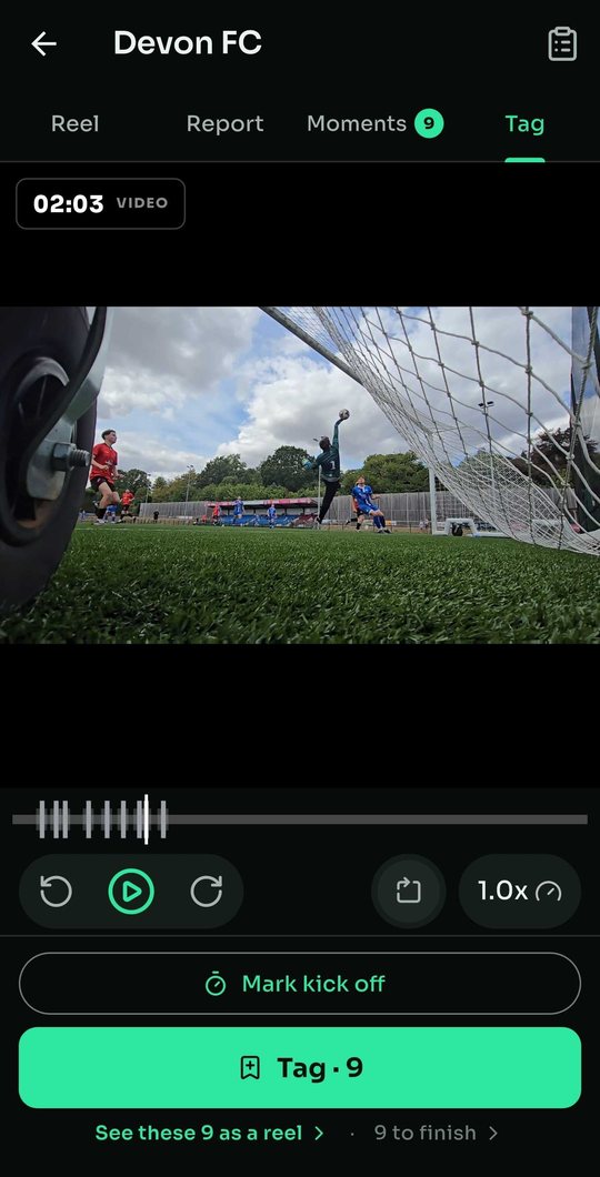 The tagging screen: match footage from behind the goal with a playback bar, a Mark kick off button and a large Tag button showing nine moments tagged so far.